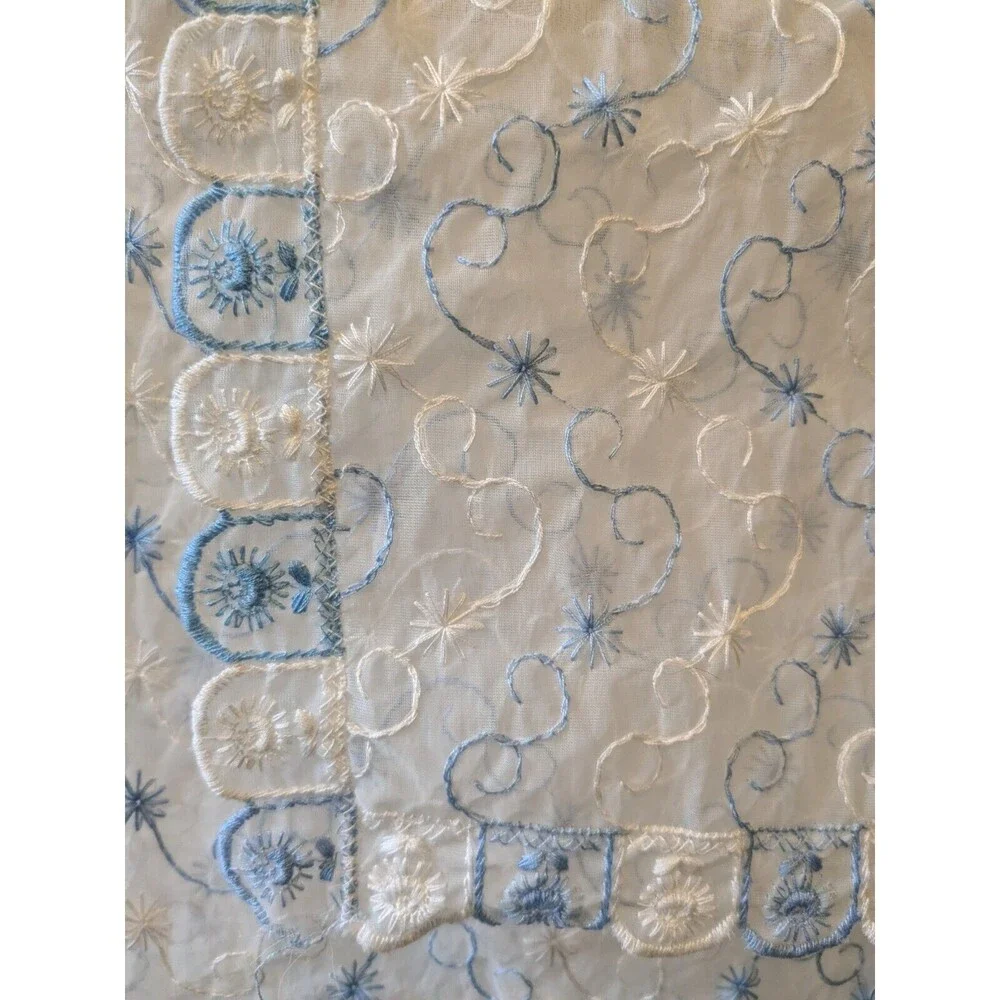 Vintage 3 Pc Dresser Scarf Set with Floral Embroidery Scroll Blue White Sheer